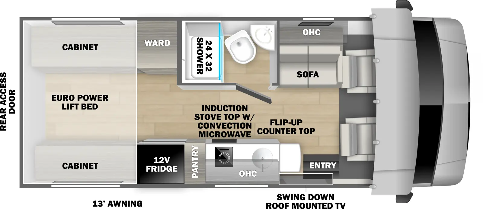 The Forester Classic 2031RP has one entry and zero slide outs. Exterior features include: 13' awning. Interiors features include: rear bedroom.